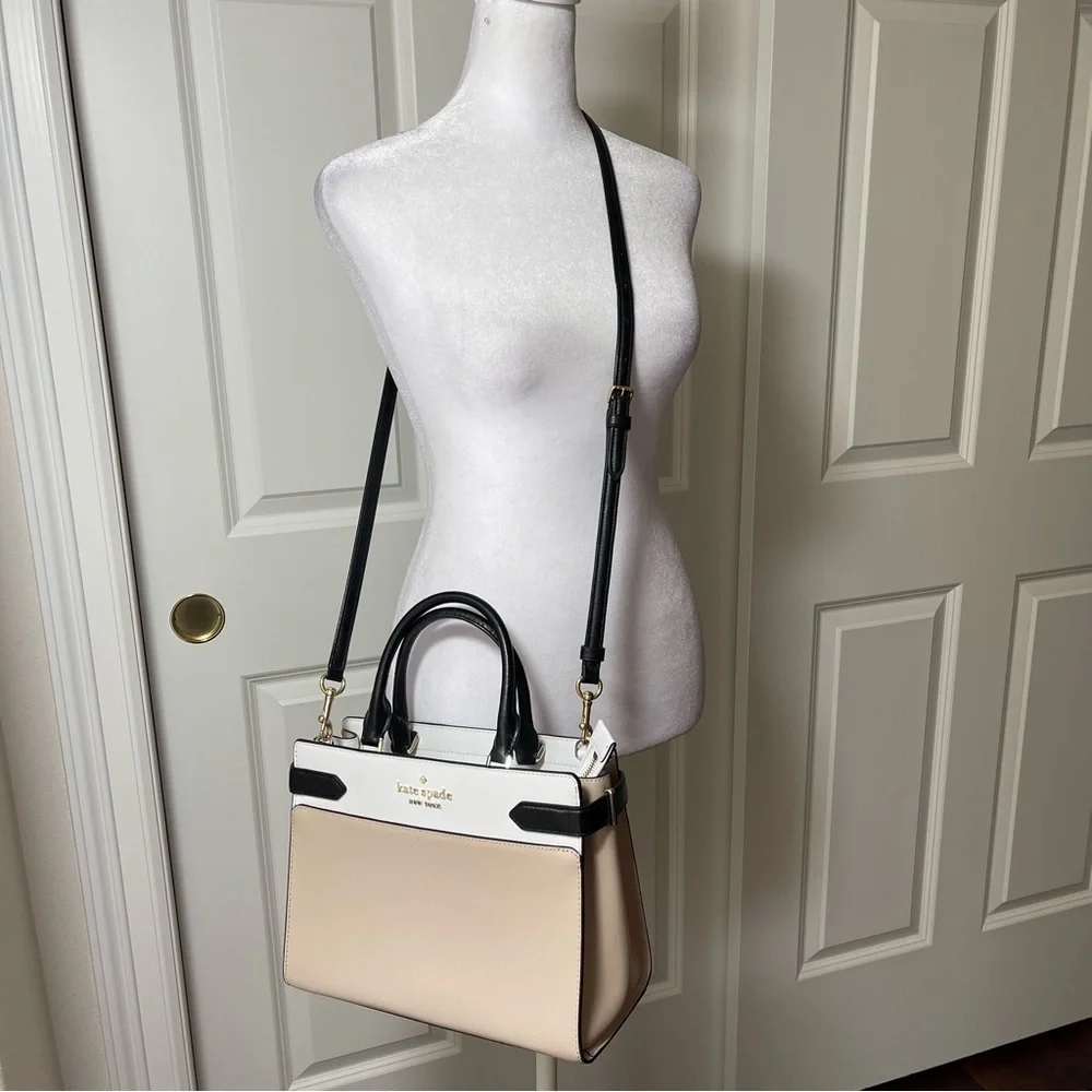Kate Spade Staci Medium Satchel Crossbody Saffiano Leather Tan White Black